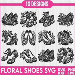 Blommiga skor svg-paket, höga klackar svg, blommiga höga klackar svg, skönhet glamour svg, damskor SVG, blommor höga klackar SVG