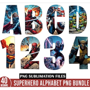 Superhero Alphabet Clipart, Superhero Letters png, Superhero Numbers png, Superhero birthday Banner png, Characters Alphabets, Superhero png