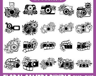 May include: A collection of 20 black and white floral camera designs. Each camera illustration is decorated with flowers and leaves. The text "20 DESIGNS" is at the top, and "FLORAL CAMERA BUNDLE" is at the bottom, with file type abbreviations.