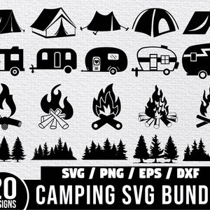 Lot de camping SVG, Silhouette de camping, clipart camping, camping-car Svg, Svg de feu de camp, aventure, Svg de tente de camping, SVG de camp
