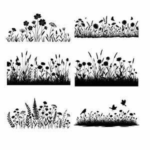 May include: Six black silhouette designs showcasing wildflowers, grasses, and plants. Some designs include butterflies and birds. Ideal for crafting, scrapbooking, or other creative projects.