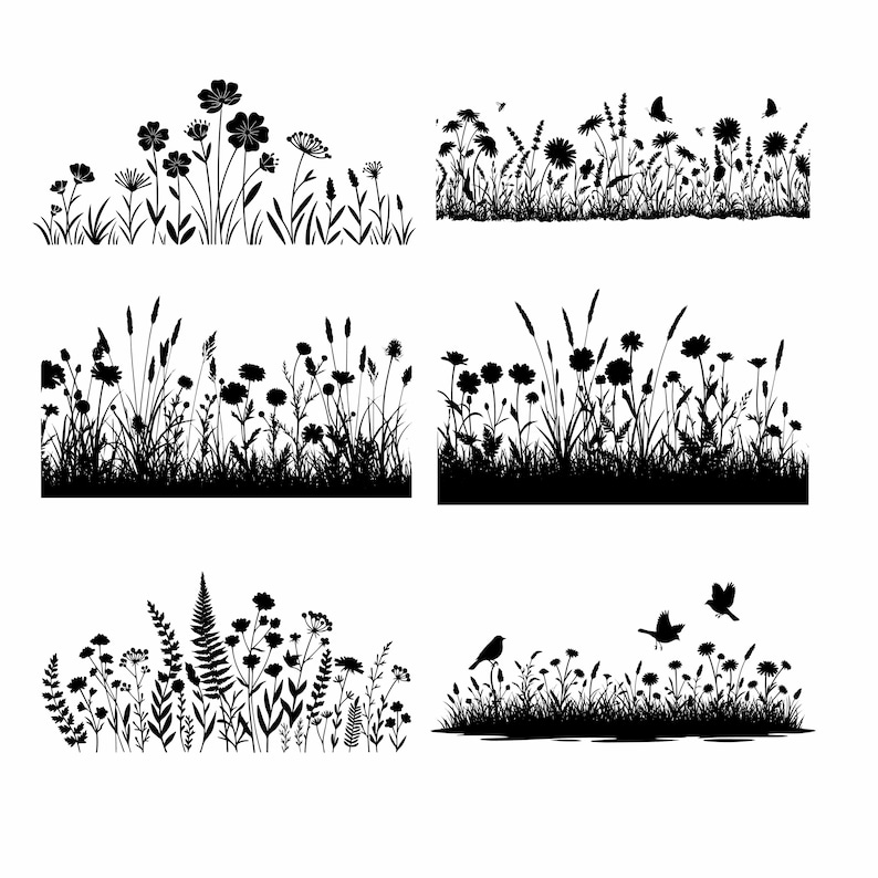 May include: Six black silhouette designs showcasing wildflowers, grasses, and plants. Some designs include butterflies and birds. Ideal for crafting, scrapbooking, or other creative projects.