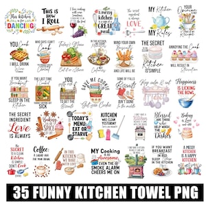 Pode incluir: Uma coleção de 35 designs engraçados de panos de cozinha com várias citações e frases. Os panos apresentam gráficos e texto coloridos, perfeitos para adicionar personalidade a qualquer cozinha. A imagem inclui o texto "35 Funny Kitchen Towel PNG".