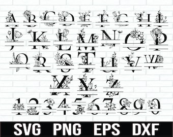Floral split Alphabet And Numbers Svg, Floral Monogram Alphabet, Split Monogram SVG, clipart, alphabet flower monogram