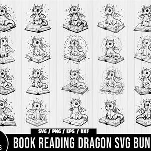 Buch Drache SVG Bundle, Buch lesen Drache svg, Drache lesen Clipart, Buchliebhaber SVG Bundle, Bücherwurm Drache svg, Lesedrache Schnittdatei