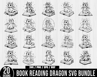 Buch Drache SVG Bundle, Buch lesen Drache svg, Drache lesen Clipart, Buchliebhaber SVG Bundle, Bücherwurm Drache svg, Lesedrache Schnittdatei