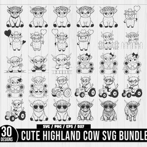 Cute Highland Cow SVG Bundle, Baby Cow PNG, Baby Cow Svg, Cow Png, Cricut, Clipart, Cut Files, Floral Cow Clipart, Farm Animal Cut Files