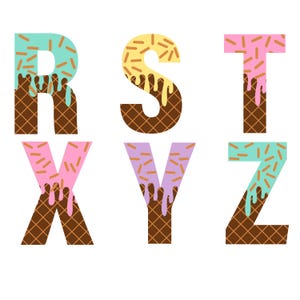 May include: Ice cream cone letters R, S, T, X, Y, and Z. The letters are brown with a waffle cone pattern and topped with different colored ice cream and sprinkles.
