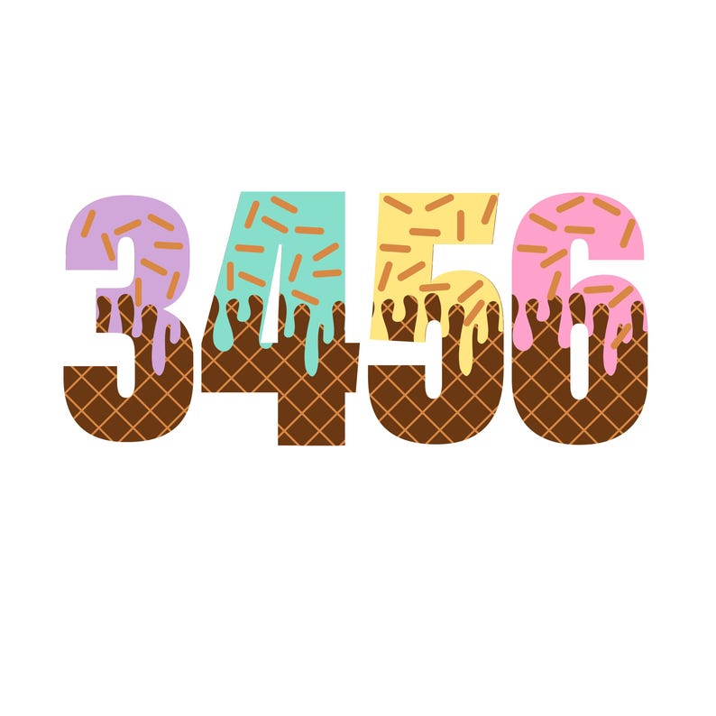 May include: The numbers 3456 are depicted in a waffle cone design with a brown waffle pattern and colorful ice cream dripping down the sides. The ice cream is in the colors purple, light blue, yellow, and pink. Sprinkles are on top of the ice cream.