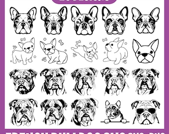 Puede incluir: Un conjunto de 20 ilustraciones vectoriales en blanco y negro de Bulldogs franceses en varias poses. Los diseños incluyen un bulldog con gafas de sol, un bulldog con un hueso y un bulldog con la lengua fuera. El texto "20 DESIGNS" está en la parte superior de la imagen. El texto "FRENCH BULLDOG SVG" está en la parte inferior de la imagen. El texto "SVG DXF PNG EPS" también está en la parte inferior de la imagen.