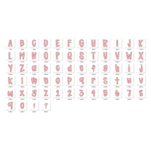May include: A collection of pink alphabet letters and numbers, each with a dotted pattern. The set includes uppercase and lowercase letters, along with numbers 1 through 8, and punctuation marks. Ideal for crafting or educational projects.