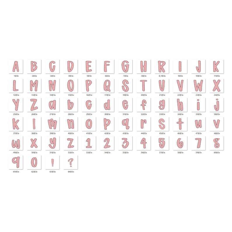 May include: A collection of pink alphabet letters and numbers, each with a dotted pattern. The set includes uppercase and lowercase letters, along with numbers 1 through 8, and punctuation marks. Ideal for crafting or educational projects.