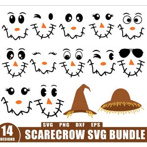 May include: A collection of 14 scarecrow face designs in black, orange, and white, with two brown hats. The text "SCARECROW SVG BUNDLE" is displayed below the designs. The designs include various eye shapes, noses, and mouths.