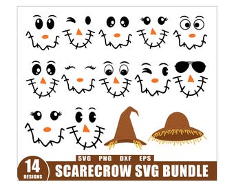 May include: A collection of 14 scarecrow face designs in black, orange, and white, with two brown hats. The text "SCARECROW SVG BUNDLE" is displayed below the designs. The designs include various eye shapes, noses, and mouths.