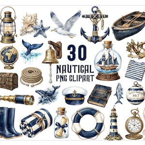 Könnte beinhalten: Eine Sammlung von 30 nautischen digitalen Illustrationen mit einer Laterne, Muschel, Seestern, Möwe, Anker, Ruderboot, Globus, Walschwanz, Schiffsglocke, Schiff in der Flasche, Sextant, gestreiftem Hemd, Truhe, Seil, Wal, Kapitänsmütze, Logbuch, Fisch, Boje, Teleskop, Stiefeln, Decke, Flaschenpost, Rettungsring, Leuchtturm und Taschenuhr.