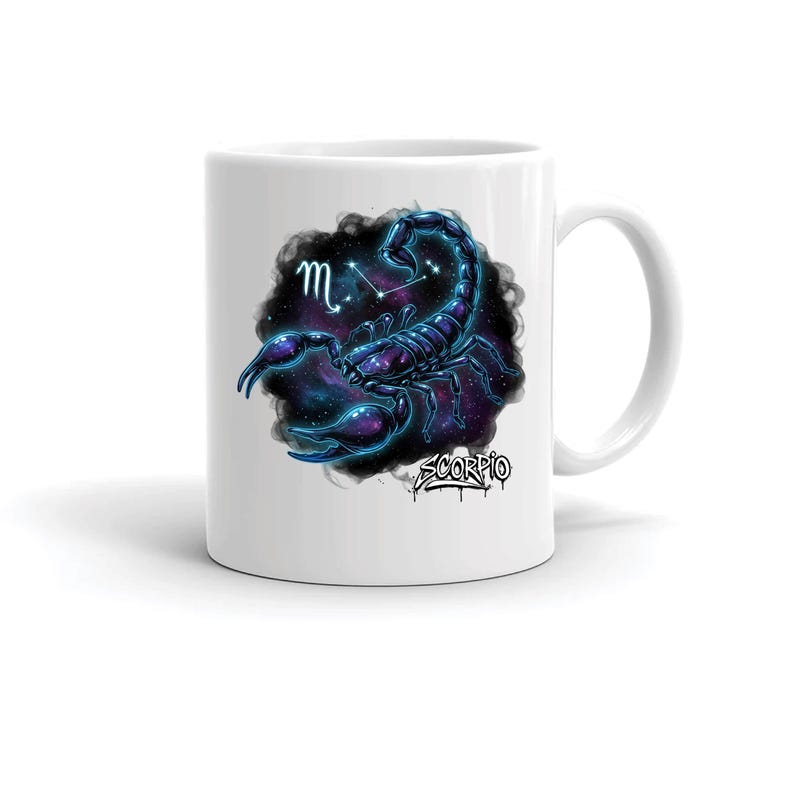 May include: White ceramic mug with a detailed illustration of a purple and blue scorpion. The design includes a starry background, the Scorpio zodiac symbol, and the word "SCORPIO" in a graffiti-style font.