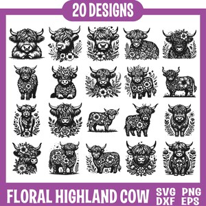 Highland Cow SVG, Floral Highland Cow Vector Design for Cutting Machines, Highland Cow PDF, Cute Cow Laser Engraving Cut Files, Glowforge