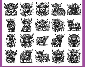 Highland Cow SVG, Floral Highland Cow Vector Design for Cutting Machines, Highland Cow PDF, Cute Cow Laser Engraving Cut Files, Glowforge