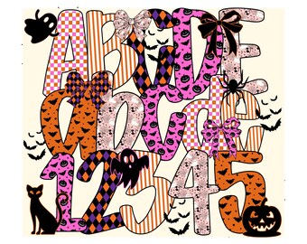 Preppy Halloween Doodle letters BUNDEL, Halloween clipart alfabet doodle set, pompoenspook Alpha, Halloween schattige strik flirt alfabet