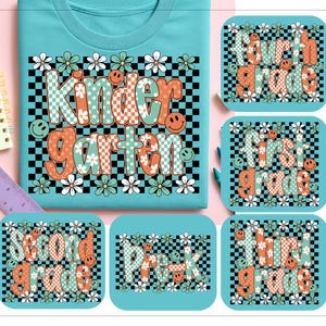 Preppy Floral Back to School PNG Bundle, Girly Checkered Sublimation, Pre-K Kindergarten 1st Grade Png, Floral Teacher First Day of School