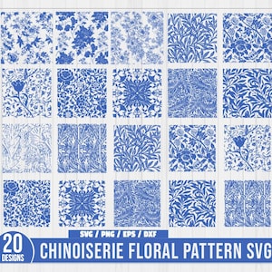 Chinoiserie bloemmotief Svg bundel, lichtblauw en wit bloemmotief, witte en blauwe Victoriaanse bloemen Svg, vintage elegante bloemen Svg