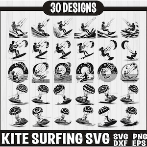 Puede incluir: Un conjunto de 30 ilustraciones vectoriales en blanco y negro de personas haciendo kitesurf. Los diseños son perfectos para crear productos digitales o físicos como camisetas, tazas, pegatinas, etc. Los diseños están disponibles en formatos SVG, PNG, DXF y EPS.