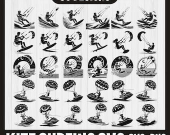 May include: A set of 30 black and white vector illustrations of people kite surfing. The designs are perfect for creating digital or physical products such as t-shirts, mugs, stickers, and more.  The designs are available in SVG, PNG, DXF, and EPS formats.