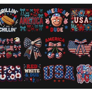 May include: A selection of crochet designs with a patriotic theme, set against a black backdrop. The designs feature the words "GRILLIN' AND CHILLIN'," "AMERICA," and "USA." Other designs include a hot dog, a smiling face, bows, cherries, and a map of the USA.
