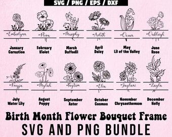 Bukiet kwiatów na miesiąc urodzenia Svg Bundle, Kwiat urodzinowy, Clipart kwiatowy, Botaniczny Svg, Kwiatowy Svg, Stokrotka Svg, Róża Svg, Mak Svg