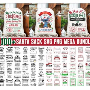 May include: A bundle of Christmas-themed SVG and PNG files. The image features three white Santa sacks with personalized text, including "Christmas Express" and "North Pole Express." Below are various design elements for creating custom Santa sacks.