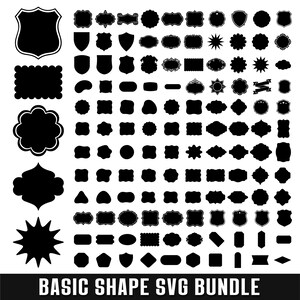 Op de afbeelding: Een verzameling zwarte silhouetvormen, waaronder schilden, sterren, geschulpte randen, rechthoeken en ovalen, gerangschikt in een raster. De tekst onderaan luidt BASIC SHAPE SVG BUNDLE in witte hoofdletters op een zwarte achtergrond.