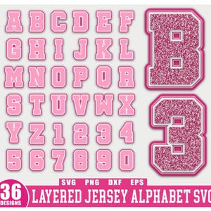 May include: Pink layered jersey alphabet SVG design with letters, numbers, and the numbers 3 and 3. The design includes the text "36 DESIGNS" and "LAYERED JERSEY ALPHABET SVG".