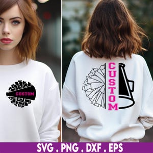 May include: A white sweatshirt with a black and white cheerleading pom-pom and a black megaphone on the front. The word "CUSTOM" is written in pink on the megaphone. The sweatshirt is shown on a model.