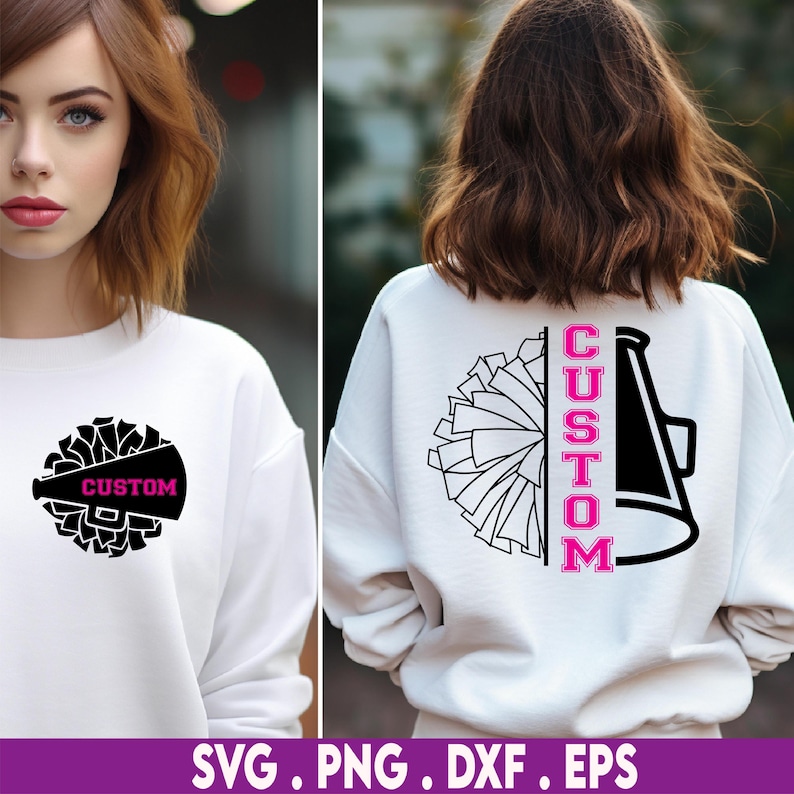 May include: A white sweatshirt with a black and white cheerleading pom-pom and a black megaphone on the front. The word "CUSTOM" is written in pink on the megaphone. The sweatshirt is shown on a model.