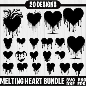 May include: A set of 20 melting heart designs in black. The hearts are dripping with a liquid effect. The designs are perfect for crafting projects, such as t-shirts, mugs, and home decor.  SVG, PNG, DXF, and EPS file formats are included.
