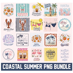 Kustnära sommar SVG PNG-paket, Ocean Beach Semesterdesigner, Sardiner Hummercocktail, Strand Clipart-paket, Retro Preppy Coquette-grafik