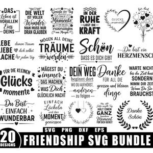 May include: A collection of 20 friendship-themed SVG designs in black and white. The designs feature inspirational quotes and phrases, including "Friendship SVG Bundle" and "Danke Schön". Perfect for crafting projects.