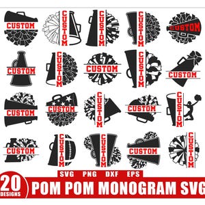 Może przedstawiać: Kolekcja 20 wzorów monogramów z pomponami w formatach SVG, PNG, DXF i EPS. Każdy wzór przedstawia pompon i megafon ze słowem "CUSTOM" w prostokątnym banerze. Wzory są w kolorze czarnym i białym.
