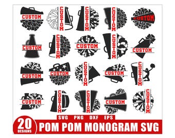 Pacchetto di 20 pompon e megafono da cheerleader in formato SVG, mamma cheerleader in formato SVG, pompon e megafono da cheerleader, cornice con nome diviso per cheerleader, cheerleader personalizzata