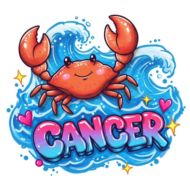 May include: A cartoon crab illustration in orange, with a smiling face and large claws, set against a blue wave background. The word "CANCER" is written in colourful bubble letters below the crab, with hearts and stars.