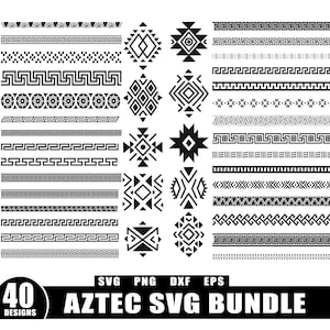 Op de afbeelding: Een verzameling van 40 zwart-witte Aztec-ontwerpen in SVG-, PNG-, DXF- en EPS-formaten. De ontwerpen bevatten verschillende geometrische patronen, randen en vormen, perfect voor digitale knutselprojecten.