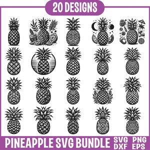 May include: A set of 20 black and white pineapple SVG designs. The pineapples are in various styles, including geometric, tropical, and minimalist. The designs are perfect for creating crafts, t-shirts, and other projects.