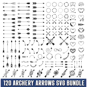 May include: A digital collection of 120 black and white graphic illustrations featuring various archery arrows, circular frames, and heart-shaped designs. The set includes straight, curved, and floral-adorned arrows with the text 120 ARCHERY ARROWS SVG BUNDLE.