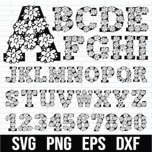 花のアルファベットと数字のSVGバンドル、モノグラム文字A-Z、花のアルファベットSVG、花の文字SVG、植物のアルファベットカットファイル、花