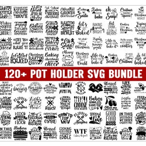 Può includere: Una raccolta di oltre 120 design SVG per presine. I design presentano varie frasi e grafiche a tema cucina in uno schema di colori bianco e nero, perfetti per progetti di artigianato.