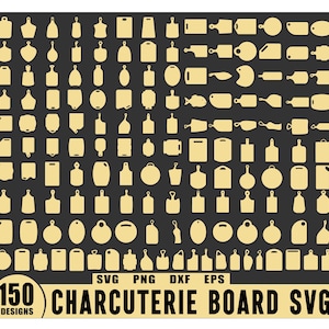 Puede incluir: Una colección de 150 diseños de tablas de embutidos en formatos SVG, PNG, DXF y EPS. La imagen presenta varias formas y tamaños de tablas de cortar doradas sobre un fondo gris oscuro. El texto en la parte inferior dice "150 DESIGNS CHARCUTERIE BOARD SVG".