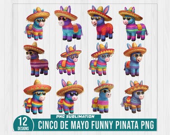 May include: Twelve colorful donkey pinata designs with festive sombreros. The pinatas are decorated with bright colors and patterns, perfect for a Cinco de Mayo celebration.