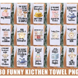 May include: A selection of white kitchen towels featuring funny kitchen-related quotes and images. Designs include cakes, teapots, and mixers. Text includes "My Kitchen my Rules" and "You gotta risk it to get the Biscuite."