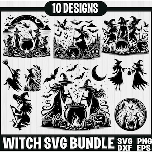 May include: A set of 10 black and white witch SVG designs. The designs feature witches, cauldrons, stars, moons, and bats. The text "10 DESIGNS" and "WITCH SVG BUNDLE" is included in the image. The designs are perfect for creating Halloween crafts, decorations, and more.