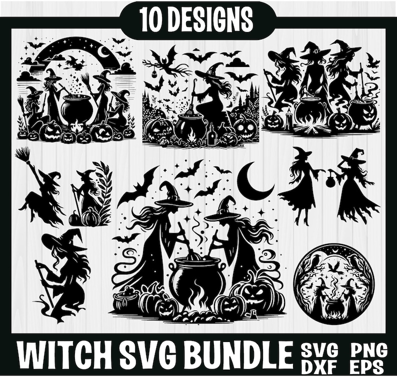 May include: A set of 10 black and white witch SVG designs. The designs feature witches, cauldrons, stars, moons, and bats. The text "10 DESIGNS" and "WITCH SVG BUNDLE" is included in the image. The designs are perfect for creating Halloween crafts, decorations, and more.